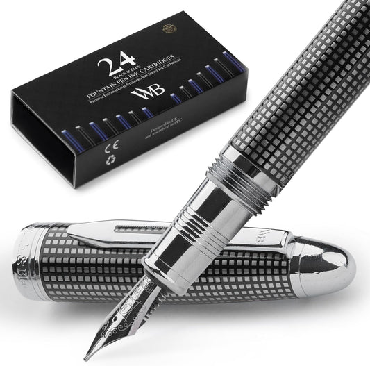 Wordsworth & Black Majesti Fountain Pen-(Black Checked), Luxury Case, Stainless Steel; Medium Nib- Ink Cartridges, Refillable Ink Converter-Calligraphy Pen-Best Business Gift Set for Men & Women