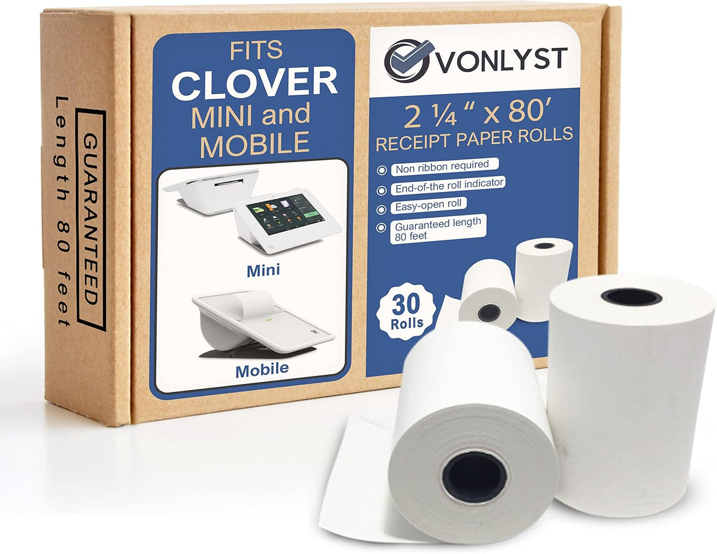 Receipt Paper for Clover Mini and Clover Mobile Thermal Printer 2 1/4 x 80 (30 rolls)
