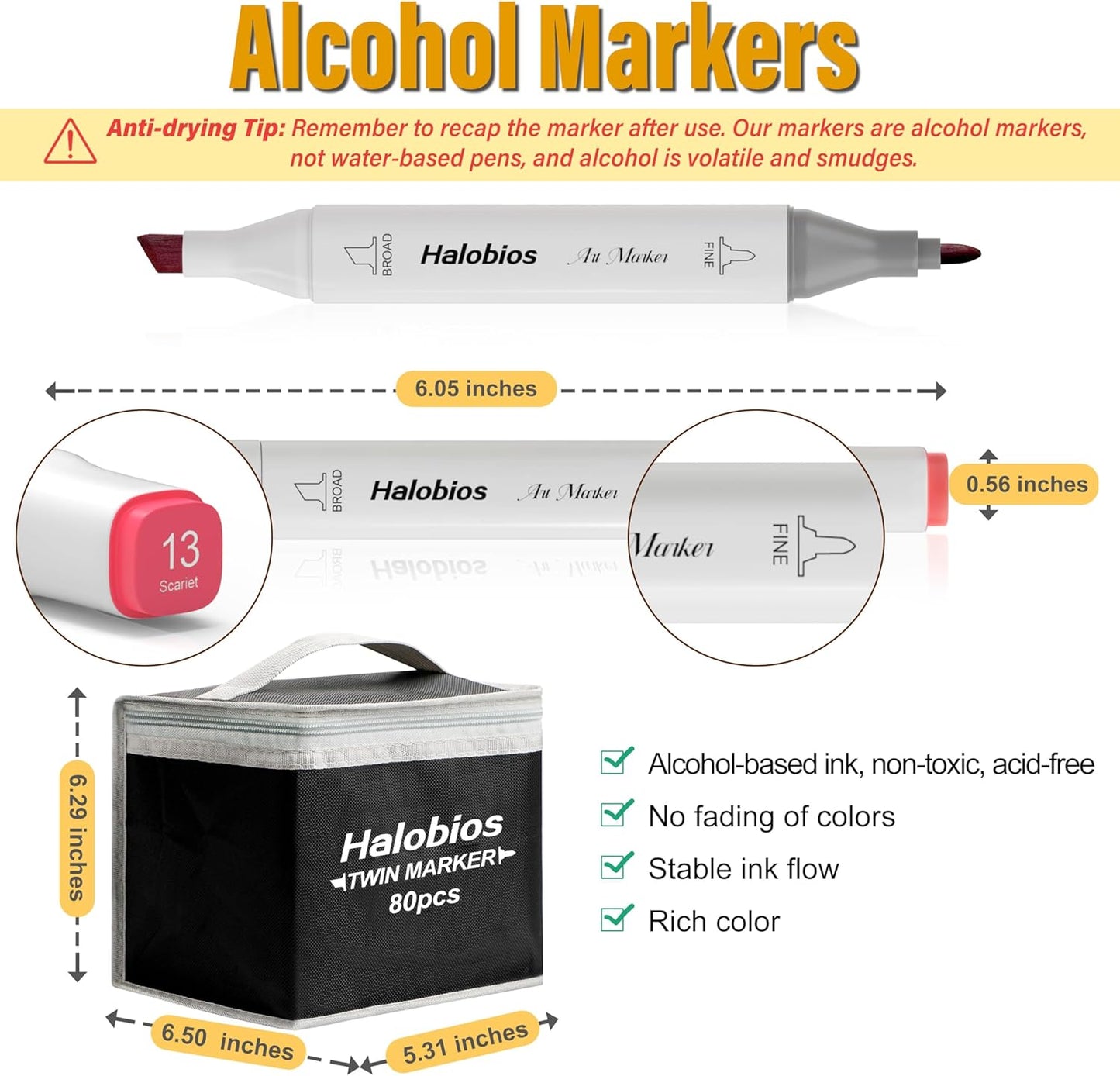 80 Alcohol Markers, Dual Tip Fine & Broad Drawing Markers Alcohol Marker Set with Case, Art Marker for Kids Adults Coloring Artists Drawing Sketching Card Making and Illustration