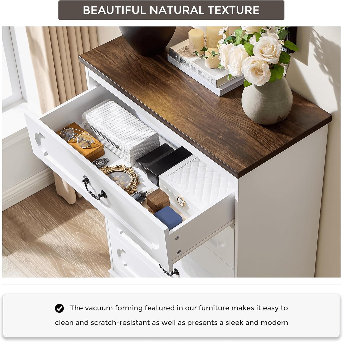 LIDYUK 5 Drawer Dresser for Bedroom Farmhouse White Wood Chest of Drawers for Bedroom Dresser, Rustic 46" Tall Wide Drawers Dressers Wooden Closet Storage Cabinet, Hallway, Living Room