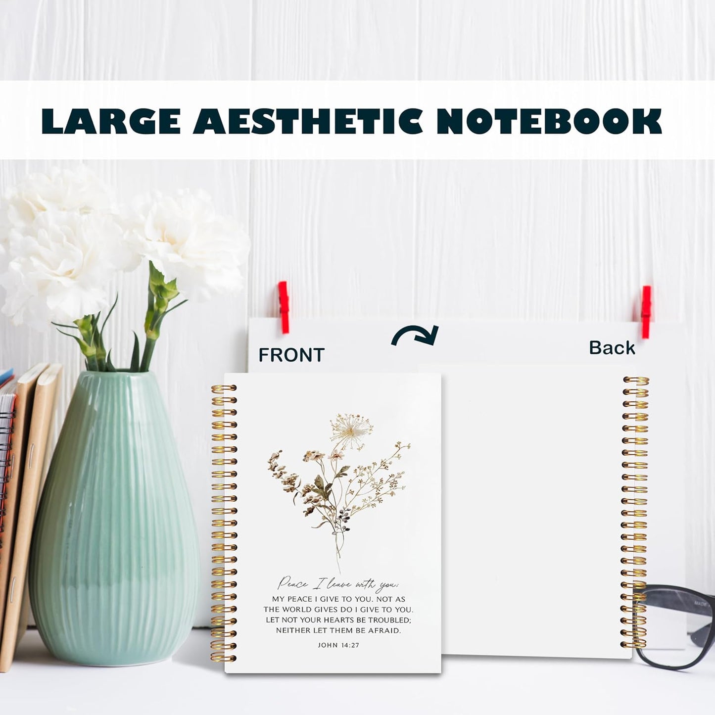 BearCake Peace I Leave with You Floral Christian Notebook Journal, Christian Gifts for Women, Bible Notebooks for Note Taking, Bible Journaling Notebook, Hardcover Spiral Notebook 5.5x8.3