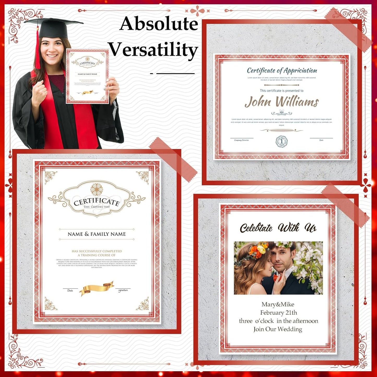 150 Sheets Foil Award Border Certificate Papers 8.5 x 11 for Printing Blank Customizable Awards Certificates for Graduation Diploma Achievement Scholarship Business Employee Document (Red)