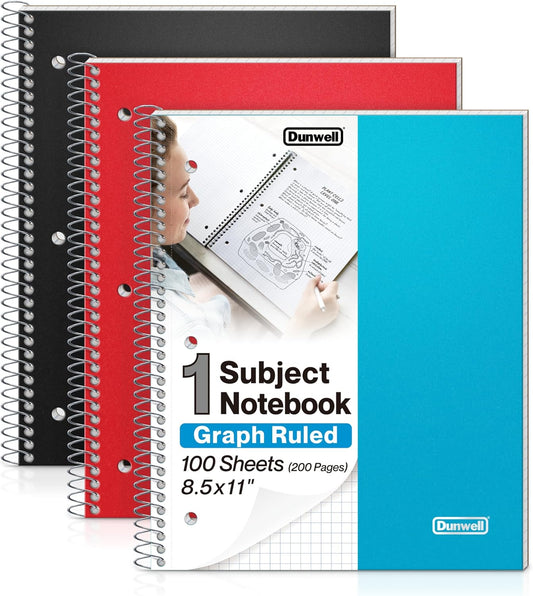 Dunwell Graph Paper Notebook 8.5 x 11 (3-Pack Red Blue Black) Plastic Cover, 100 Sheets (200 Pages), Perforated 3-Hole Punched, 4x4 Squares, Spiral Notebook, 1/4" Grid, Divider with Pockets