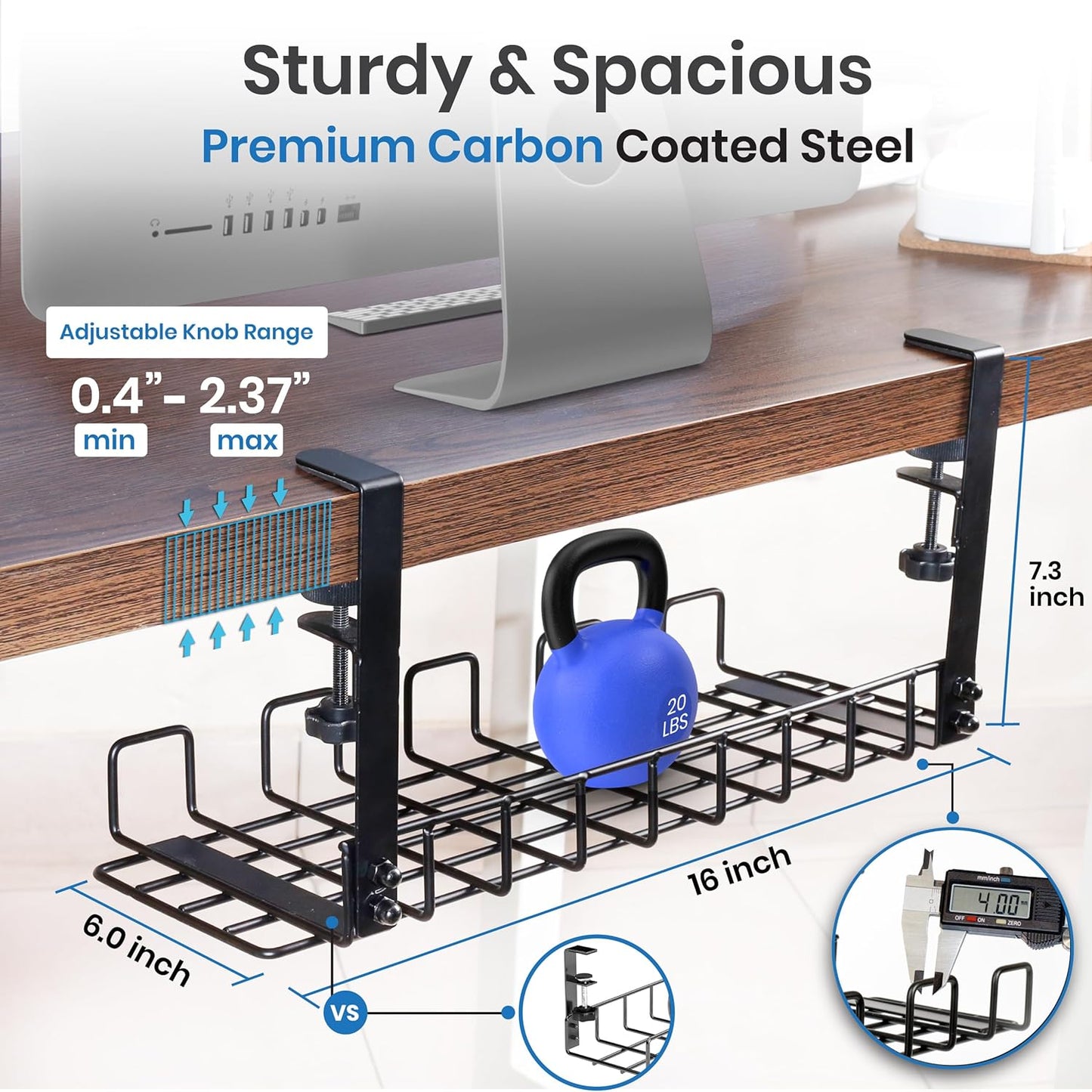 Under Desk Cable Management Tray, 16” No Drill Cord Organizer with Clamps for Wire Management, 4mm Sturdy Wire Desk Cable Organizer Tray, Cable Management Rack for Office