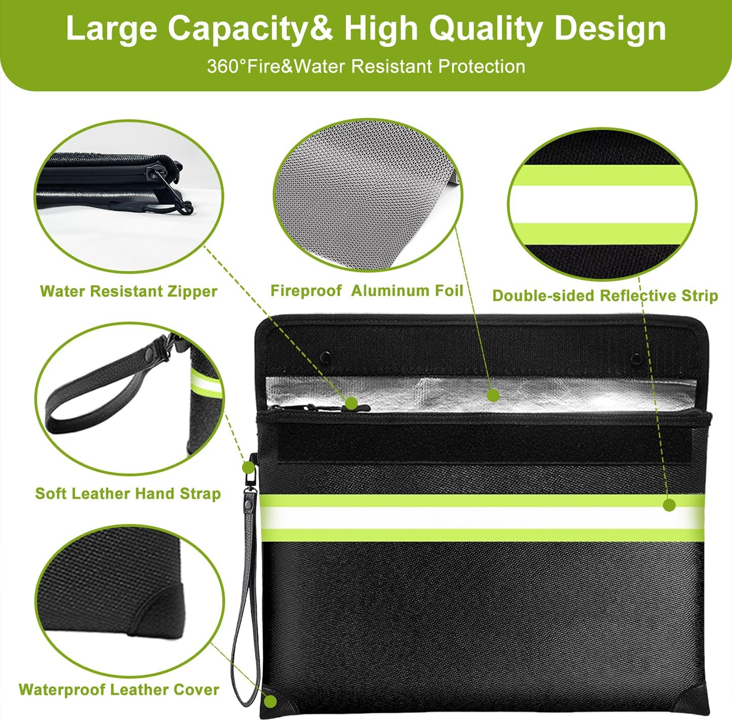 6500°F Fireproof Document Bag with Lock, Upgraded Fireproof/Waterproof Money Bag with Zipper/Reflective Strip,Storage Pouch for Cash,Cell Phone,Passport（Not Suitable for A4 Files）