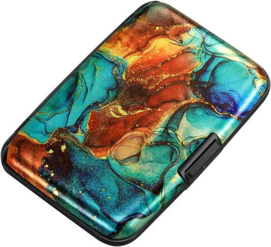 ELFISH Mini RFID Aluminum Wallet Credit Cards Holder Business Card Case Metal ID Case for Men Women（Blue Brown Marble