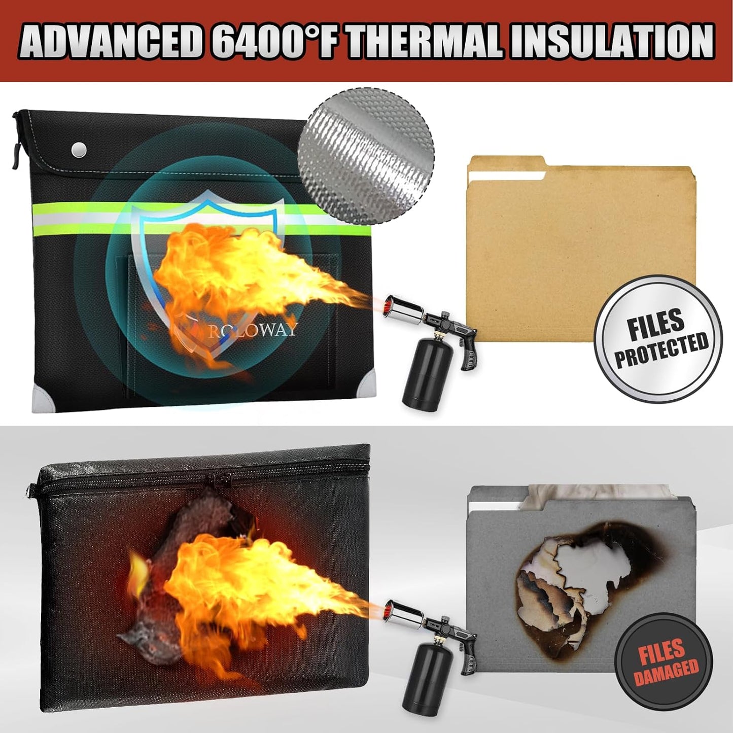 ROLOWAY Upgraded Fireproof Document Bag (14.5 x 11.5 inch) with 6400℉ Aluminum Foil Layer, Fireproof Safe Bag for Documents with Front Pocket and Reflective Strip