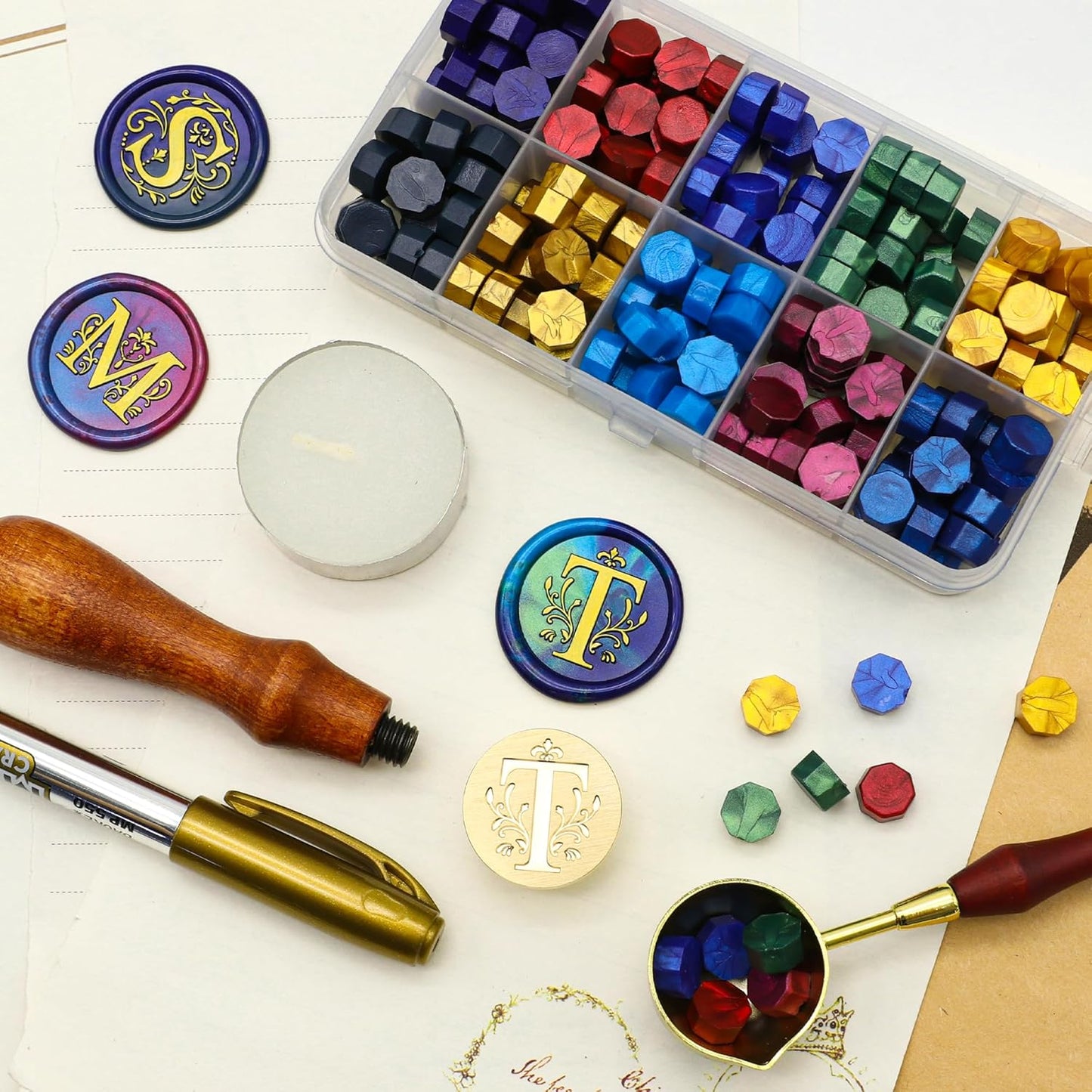 SWANGSA Initial Alphabet T Wax Seal Stamp Kit, Classic Retro Letter Sealing Stamp with 200pcs Sealing Wax Beads Kit for Wedding Invitations Cards Envelopes (T)