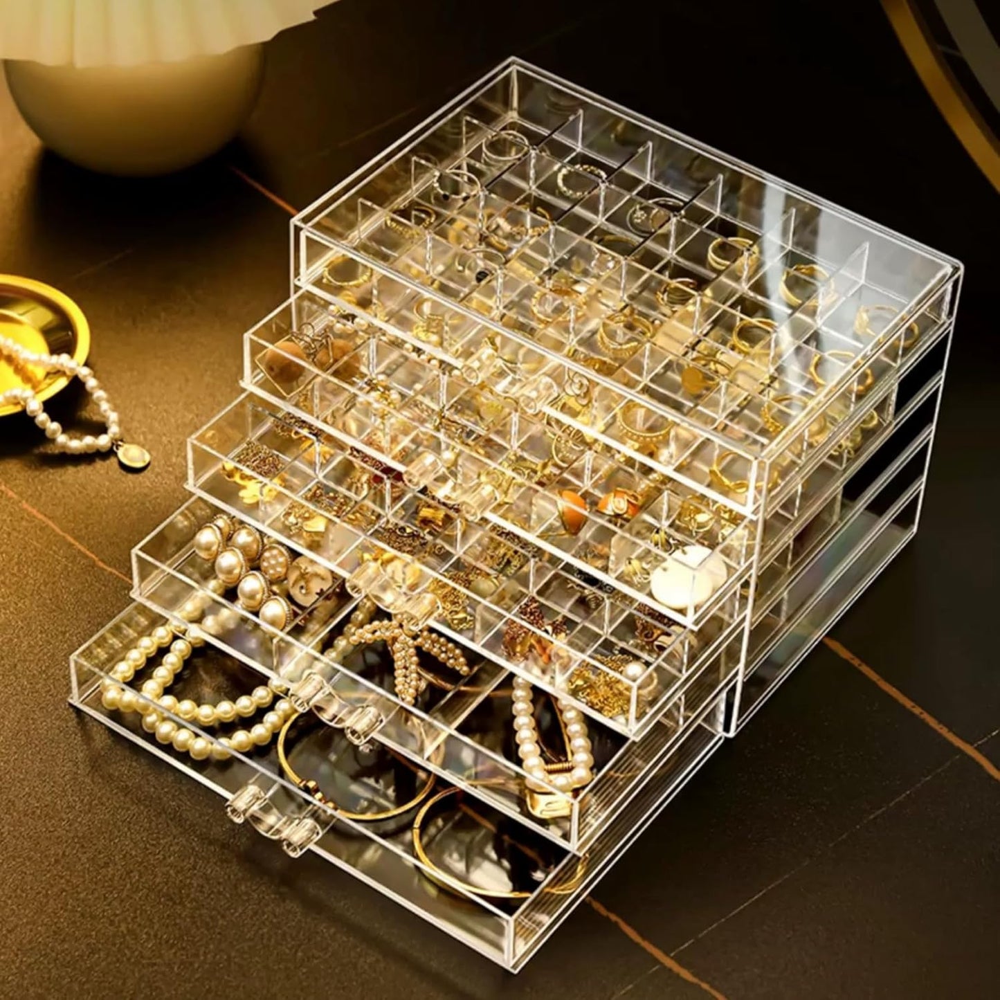 Feadily Acrylic Jewelry Organizer Box, Jewelry Drawer Organizer With 5 Drawers 79 Grids, Clear