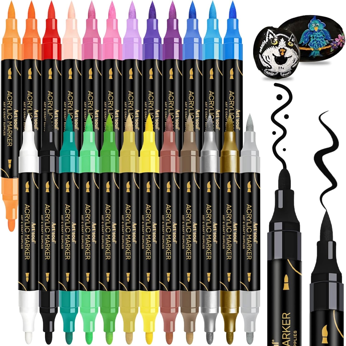 Art+soul 24 Colors Acrylic Paint Pens-Dual Tip Markers, Vibrant, Long Lasting Colors that Dry Quickly, Ideal for Canvas, Paper, Glass, Ceramic, Wood, and Rock