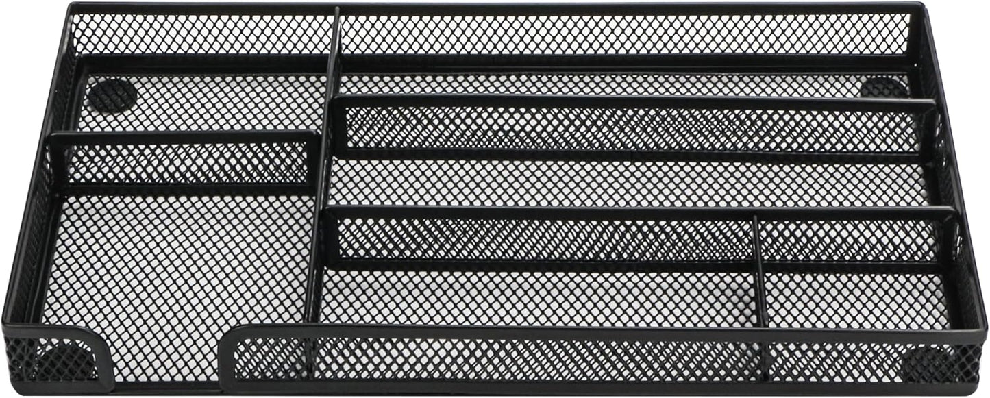 Annova Desk Drawer Organizer Tray for Office Organization - Metal Mesh - Storage Tray with Dividers for Pens, Desktop Accessories, Bathroom, Kitchen, Makeup and Office Supplies (Small, Black)