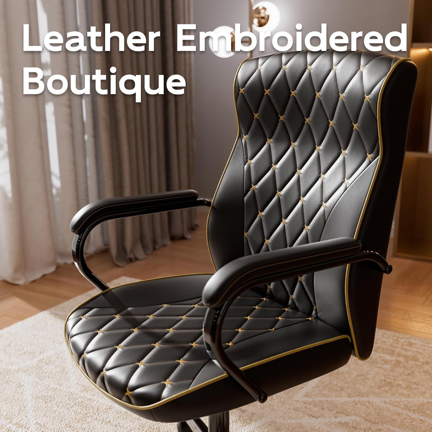 Black Office Chair with Soft Leather Embroidery, Mid Back Vintage Swivel Executive Desk Chair with Wheels and Padded Arms, Adjustable Height