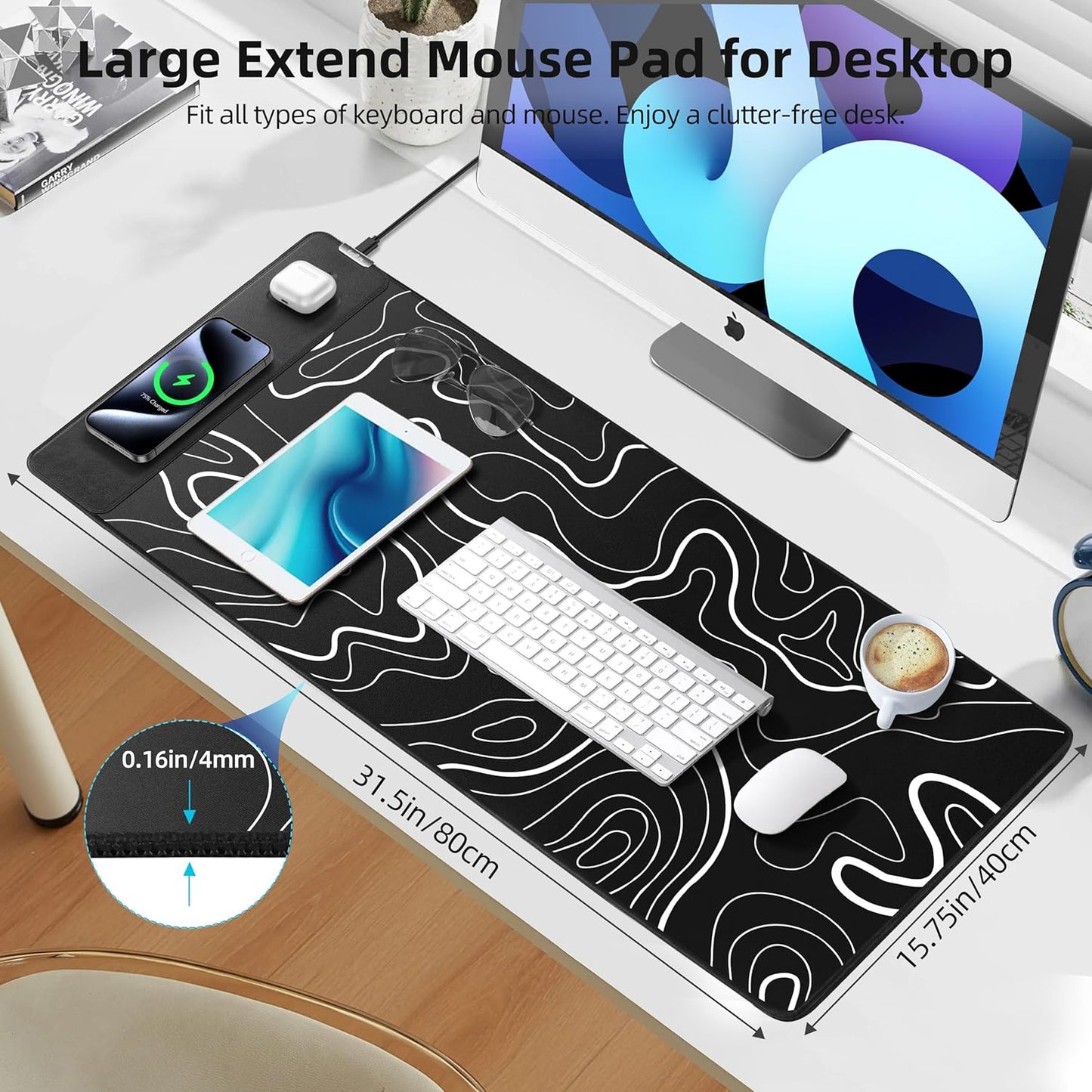 Mouse Pad with Wireless Charging, Gaming Mouse Pad with Ultra-Smooth Surface, Large XXL Desk Mat, Non-Slip Mouse Mat, Waterproof Computer Keyboard Pad for Gaming, Desk, Office, PC, 800x400x4MM, Black