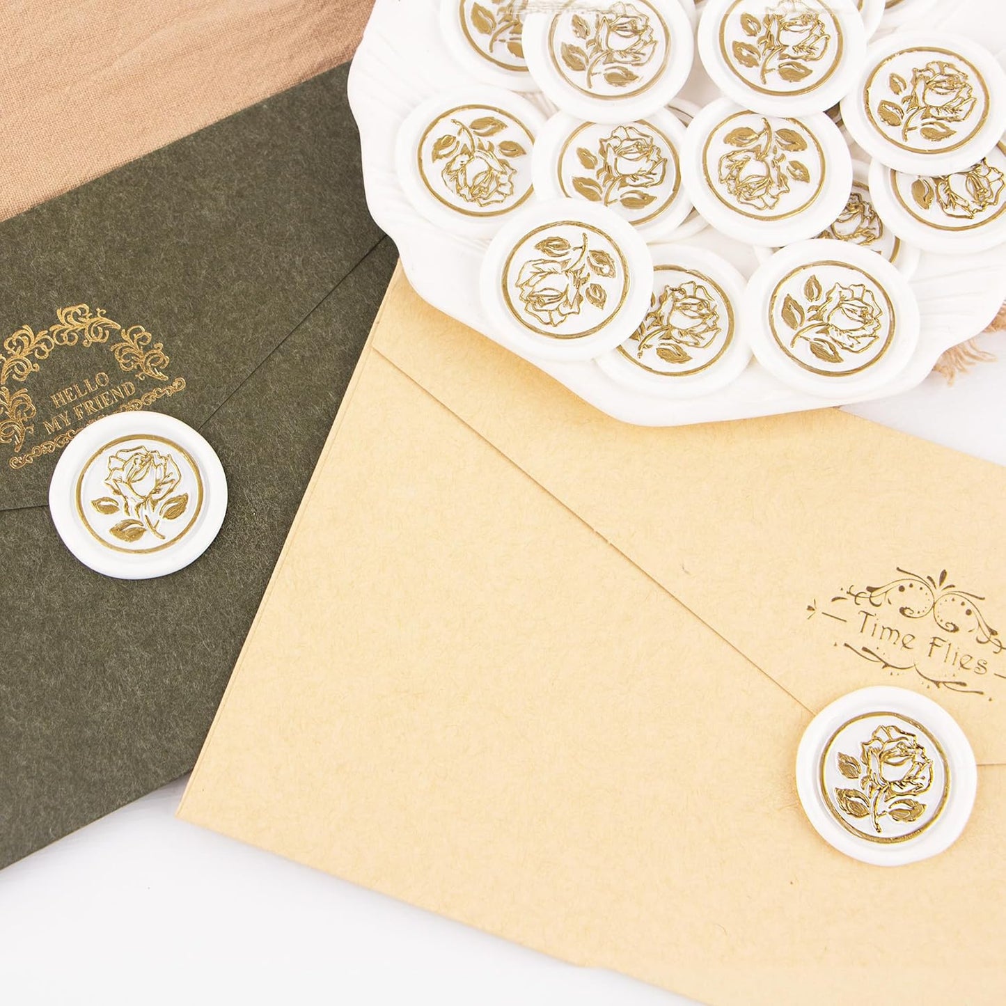 50Pcs Gold & White Wax Seal Stickers Handmade Envelope Seals Self Adhesive Wax Stickers for Wedding Party Invitations, Envelope, Gift Wrap, Christmas(Gold Rose Style, White Wax)