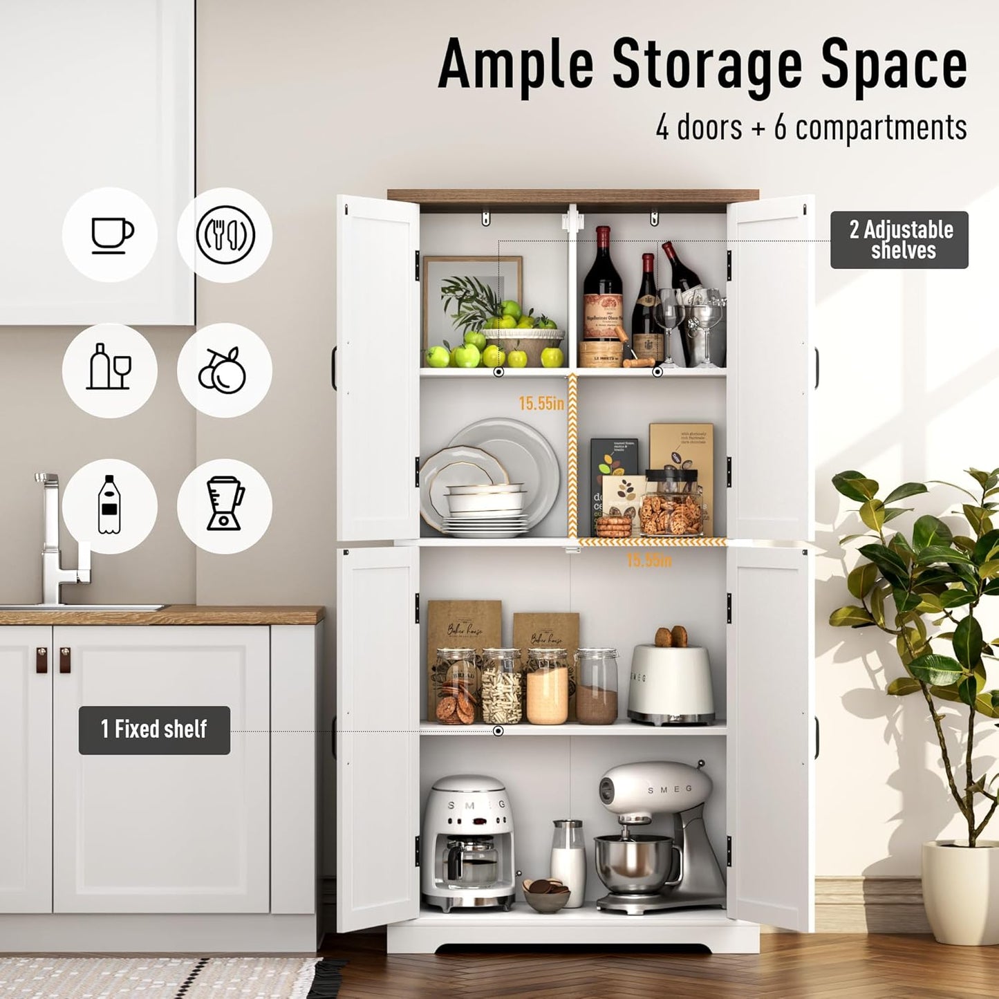 HOSTACK 64" Tall Pantry Cabinet, Modern Farmhouse Kitchen Pantry, Wood Bathroom Storage Cabinet, Large Bookcase, 4 Doors|Adjustable Shelves, for Dining Room, Living Room, Home Office, White