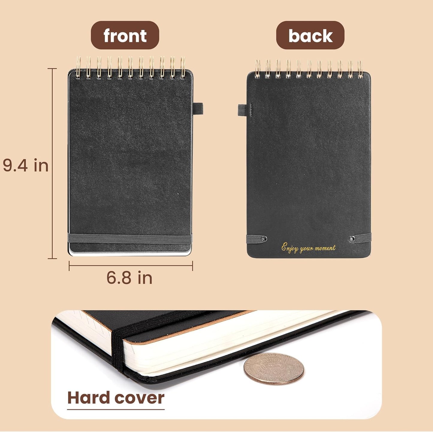 Yoment Top Spiral Notebook Leather Large Steno Pads 240 Pages Spiral Notepad for Work 7x10 Top Bound Steno Notebook, 100 GSM Thick Paper, Left Handed Notebooks for Office College School, Black