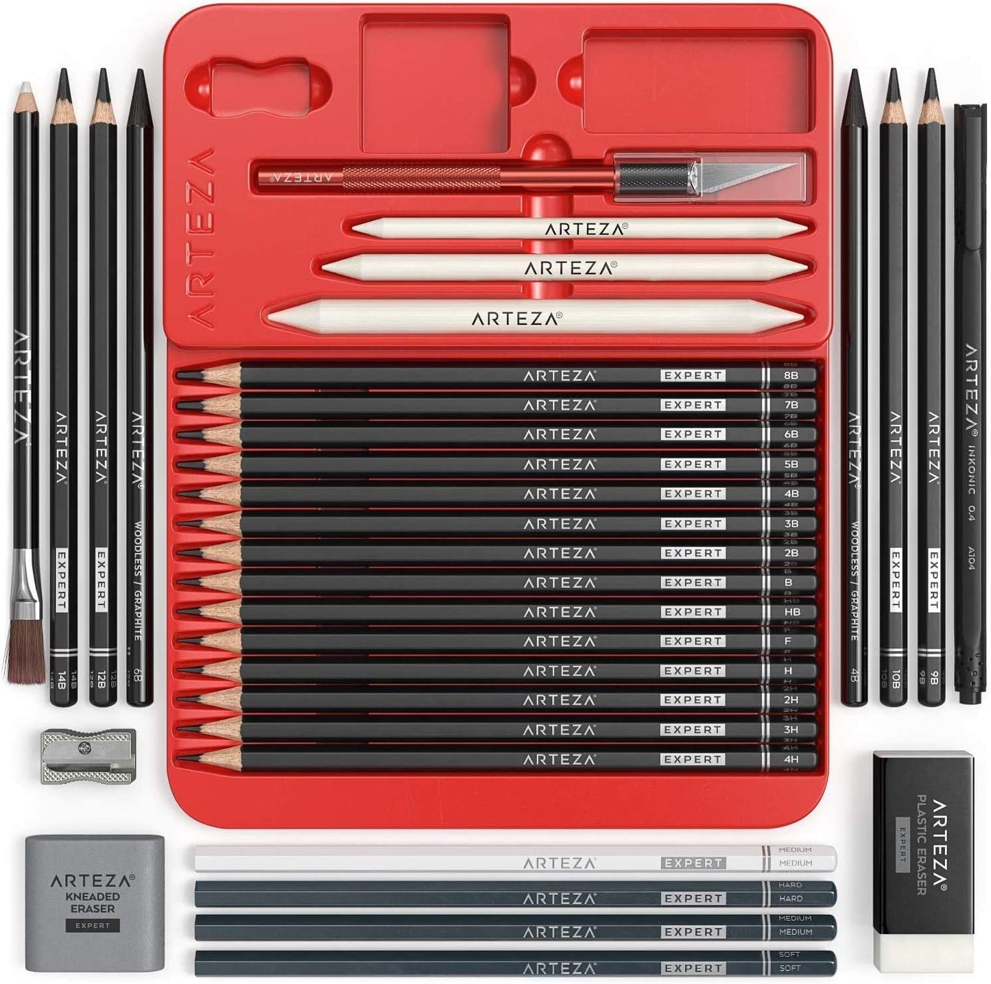 Arteza Drawing Set for Adults, Set of 33 Artist Sketching Tools, 20 Graphite & 4 Charcoal Sketch Pencils, 1 Fineliner, 3 Blenders, 1 Sharpener, 3 Erasers & 1 Hobby Knife, Art Supplies for Drawing