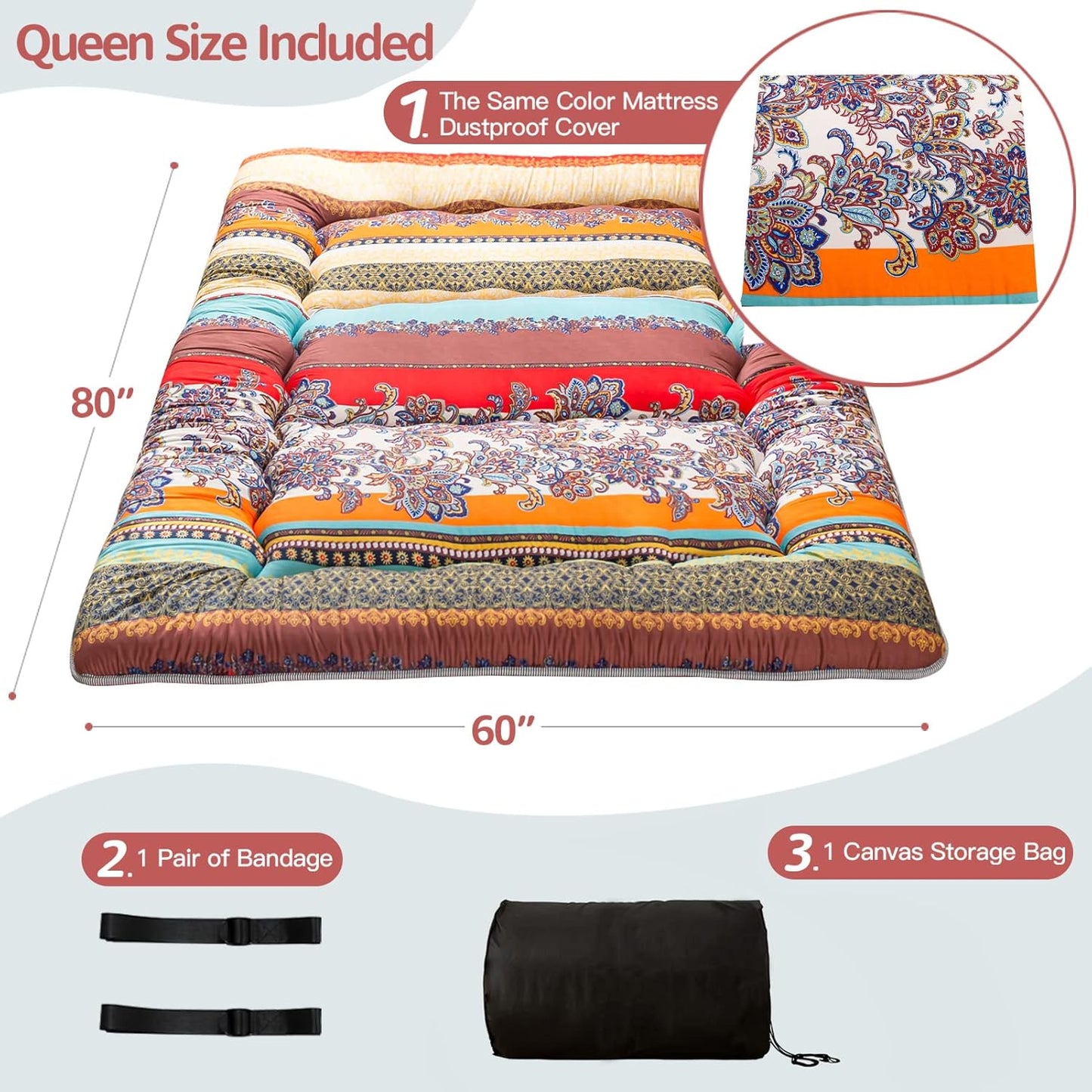 MAXYOYO Bohemian Retro Floor Mattress Vintage Floral Japanese Futon Mattress Roll Up Thicken Sleeping Bed Portable Camping Mattress Floor Lounger Couch Bed Mattress Pad, Queen Size