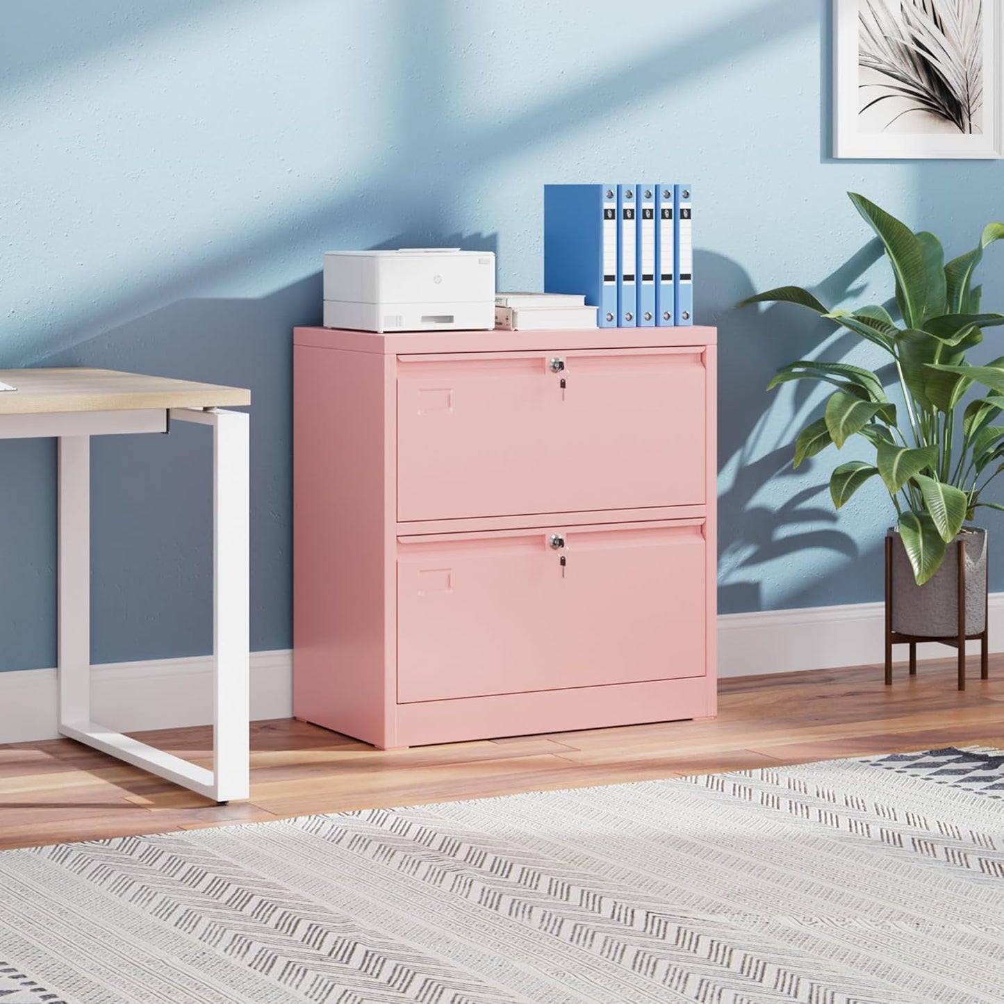Metal 2 Drawer Lateral File Cabinet with 2 Lock - Wide Filing Cabinet for Letter/Legal/F4/A4 Hanging Files - Includes Business Card Holder,Home Office School Storage,Pink
