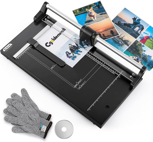 CGOLDENWALL A4 Rotary Paper Trimmer, 12 Sheets, w/Extra Blade & Gloves, for Cardstock Photo, Heavy Duty Paper Cutter for Offices Schools Crafts (14.9 Inch Cut Length)