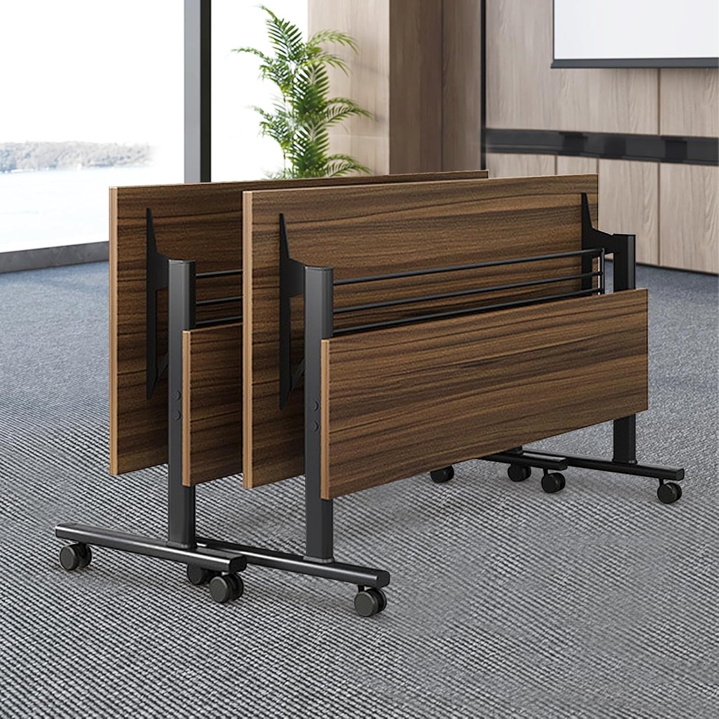 Folding Conference Table, Modern Large Conference Room Tables with Flip-Top Design, Foldable Conference Table Meeting Table with Wheels, Mobile Seminar Training Tables for Office Classroom (2, Walnut)