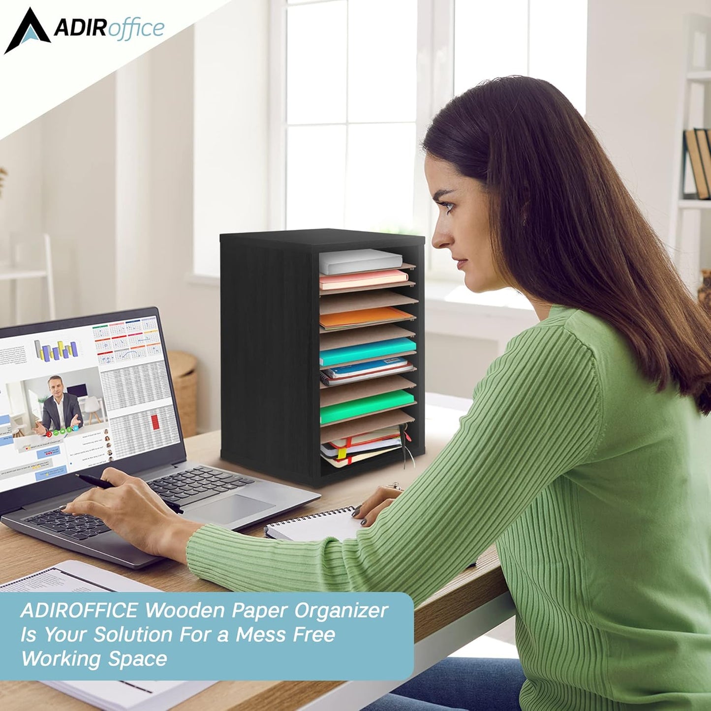 AdirOffice Classroom Mailbox - 11 Compartment Wooden Mail Organizer, Construction Paper Storage, Vertical Desktop Sorter with Slots, Mailboxes With Removable Shelves (11 Slot, Black)