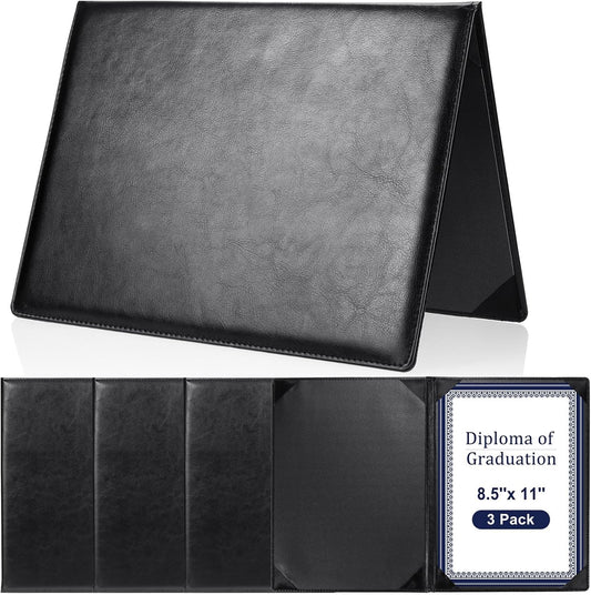 Tenare 3 Pcs Leather Certificate Holder 8.5 x 11 Inch PU Black Red Blue Purple Phd Bachelor Master Diploma Cover Professional Award Folder for Official Graduation Competition Contest Charity (Black)