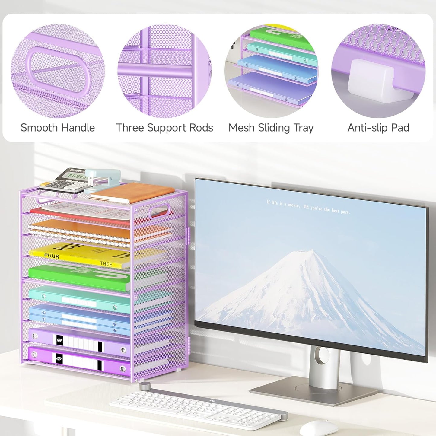 9 Tier Paper Organizer with Handle, Large Capacity Desk Organizer Mesh Paper Letter Tray File Folder Document Sorter for Classroom and Office Accessories Organization- Purple (2 Pack)