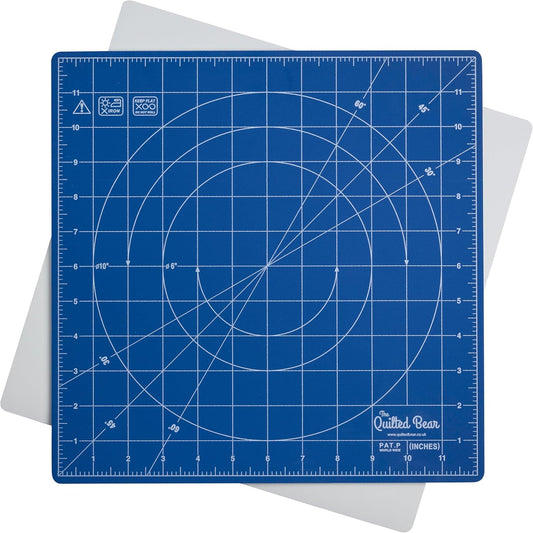 The Quilted Bear Rotating Cutting Mat 12" x 12" - Locking & Rotating Self Healing Cutting Board for Sewing, Fabric & Quilting - 360 Degree Sewing Supplies Mat for Craft Table (Blue)