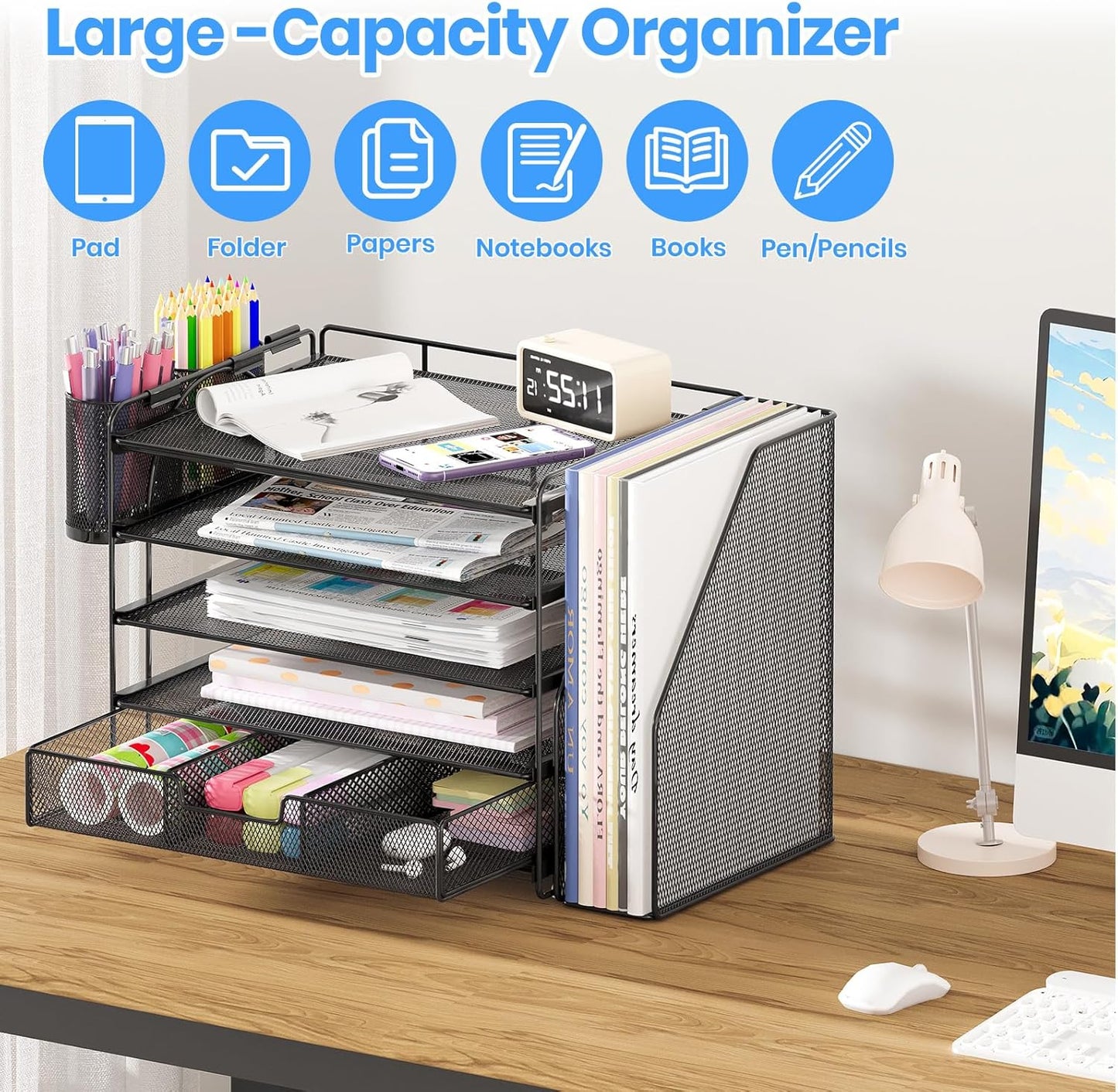 Desk Organizers and Accessories, 5-Tier Paper File Organizer with Drawer & Pen Holder, Office Desk Accessories Workspace Desktop Organizer for Office Supplies(Black)