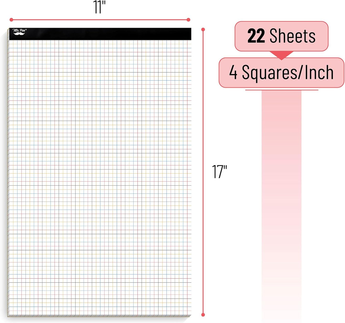 Mr. Pen- Graph Paper, 22 Sheets, 17"x11", 4x4 (4 Squares Per Inch), Colored Lined, graphing paper, grid paper, graph paper pad, 1/4 graph paper 1/4 inch grid, drafting paper, large graph paper
