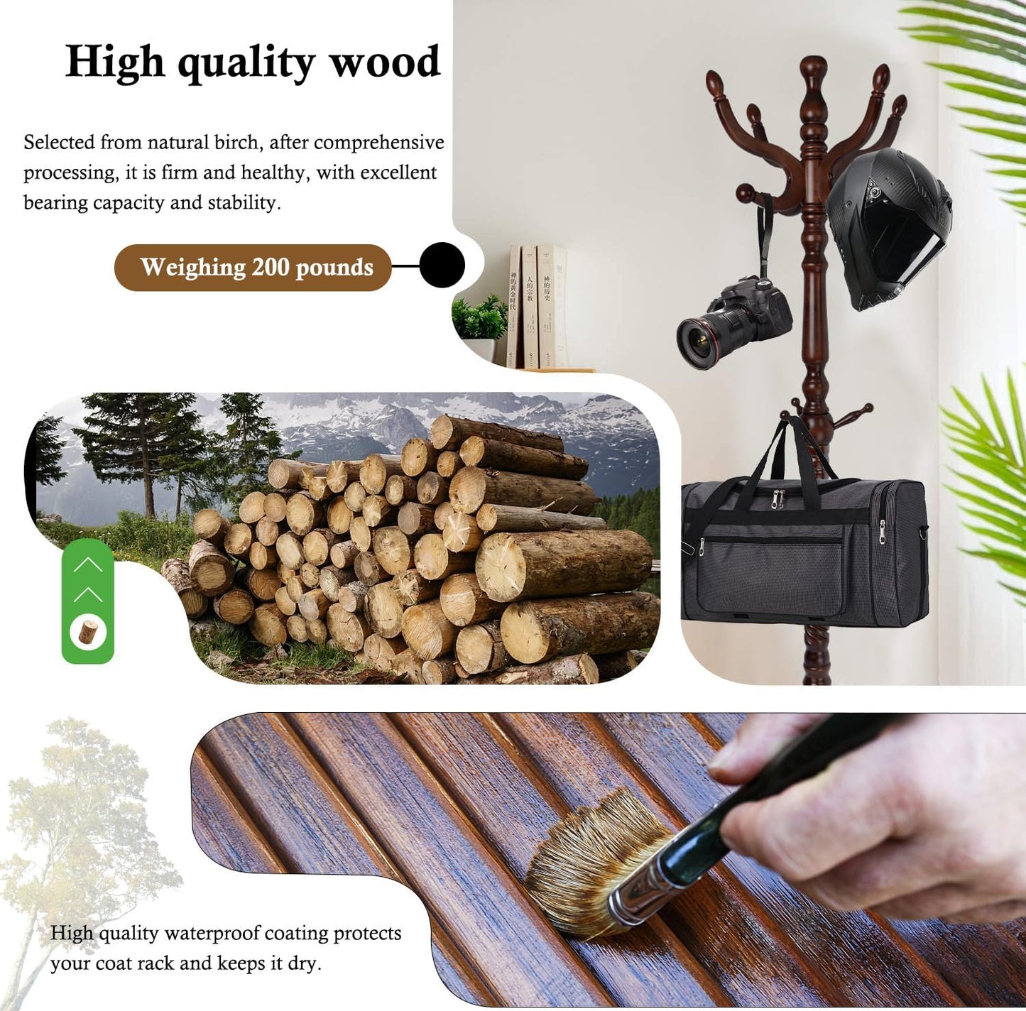 Coat Rack Stand, Solid Wooden Coat Tree with 11 Hooks, Heavy Duty Coat Rack Freestanding with Sturdy Round Base, Natural Birch Wood Coat Hanger Stand for Entryway Bedroom (triangles)