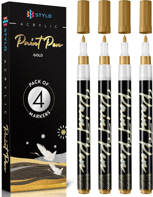 Stylo 4 Count Acrylic Metallic Pens - Gold Paint Pens - Fine Tip Permanent Acrylic Metallic Paint Markers for Rock Painting, Glass, Wood, Ideal for Arts and Crafts (Pack of 4, Gold)