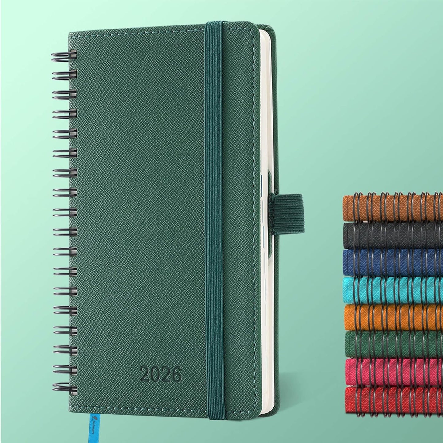 Planner 2026 Daily Weekly and Monthly,6.5"x3.75",12 Months Spiral Bound Calendar Agenda with Self-adhesive Pen Holder,2026 Appointment Book with Vegan Leather Soft Cover,Green