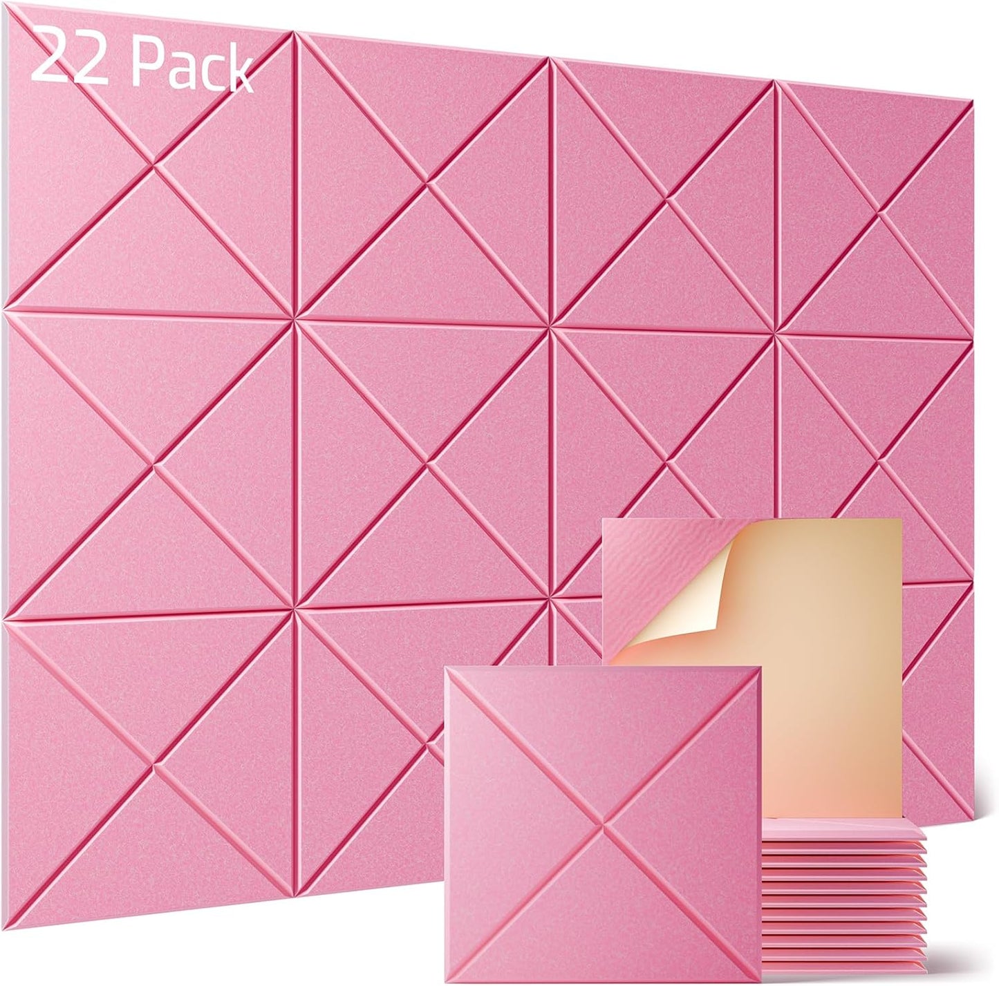 Sonicism 22 Pack X-Lined Acoustic Panels with Self-Adhesive, 12"X 12"X 0.4" Sound Proof Foam Panels, Decorative Soundproof Wall Panels, Sound Absorbing Tile for Home & Offices, Pink