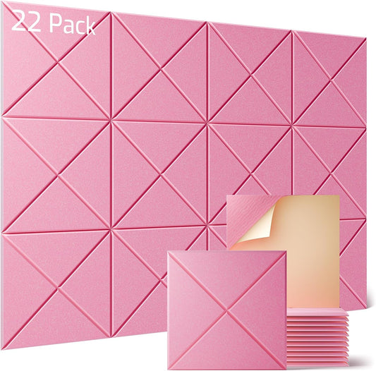 Sonicism 22 Pack X-Lined Acoustic Panels with Self-Adhesive, 12"X 12"X 0.4" Sound Proof Foam Panels, Decorative Soundproof Wall Panels, Sound Absorbing Tile for Home & Offices, Pink