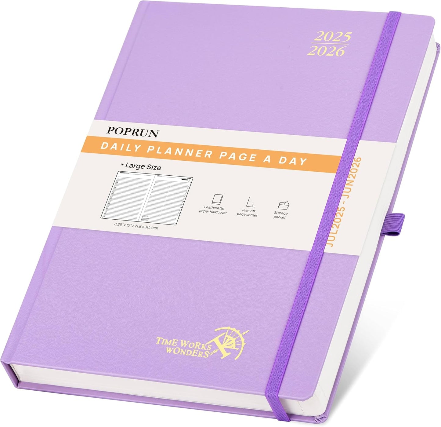 POPRUN 2025-2026 Daily Planner One Page Per Day (Large - 8.25'' x 12'') - Academic Calendar (July 2025 - June 2026), 2025 Day Appointment Book with Monthly Tabs, Hardcover - Violet
