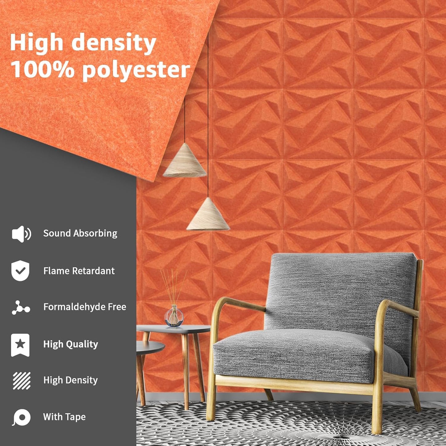 Art3dwallpanels Acoustic Panels 20 Pack Soundproof Wall Panels Sound Dampening Panels, 3D Wall Panels Sound Absorbing Panels, 12" X 12", Orange Red with Tape