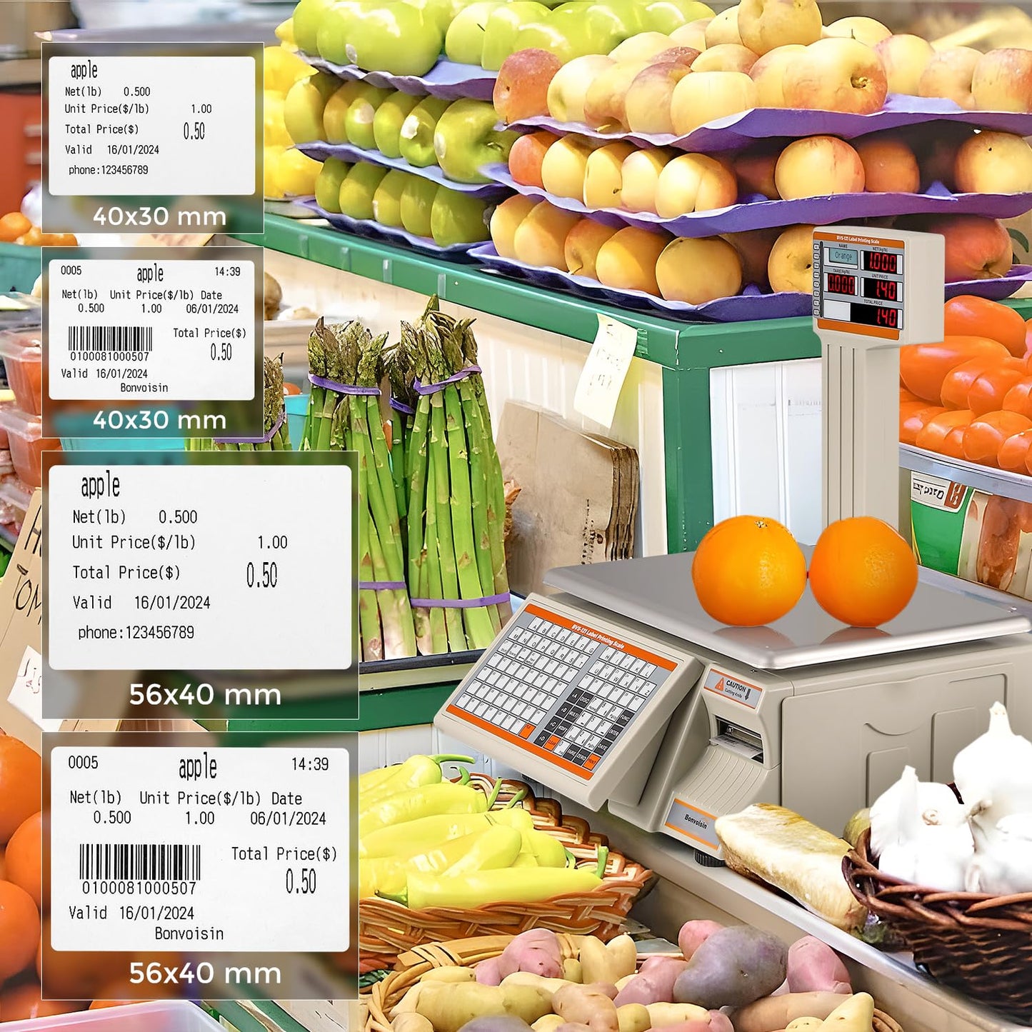 Bonvoisin Label Printing Scale 66lbs Capacity Price Computing Scale Pole Display with Label and Receipt Printer Commercial Barcode Scale for Retail Store, Supermarket and Farm