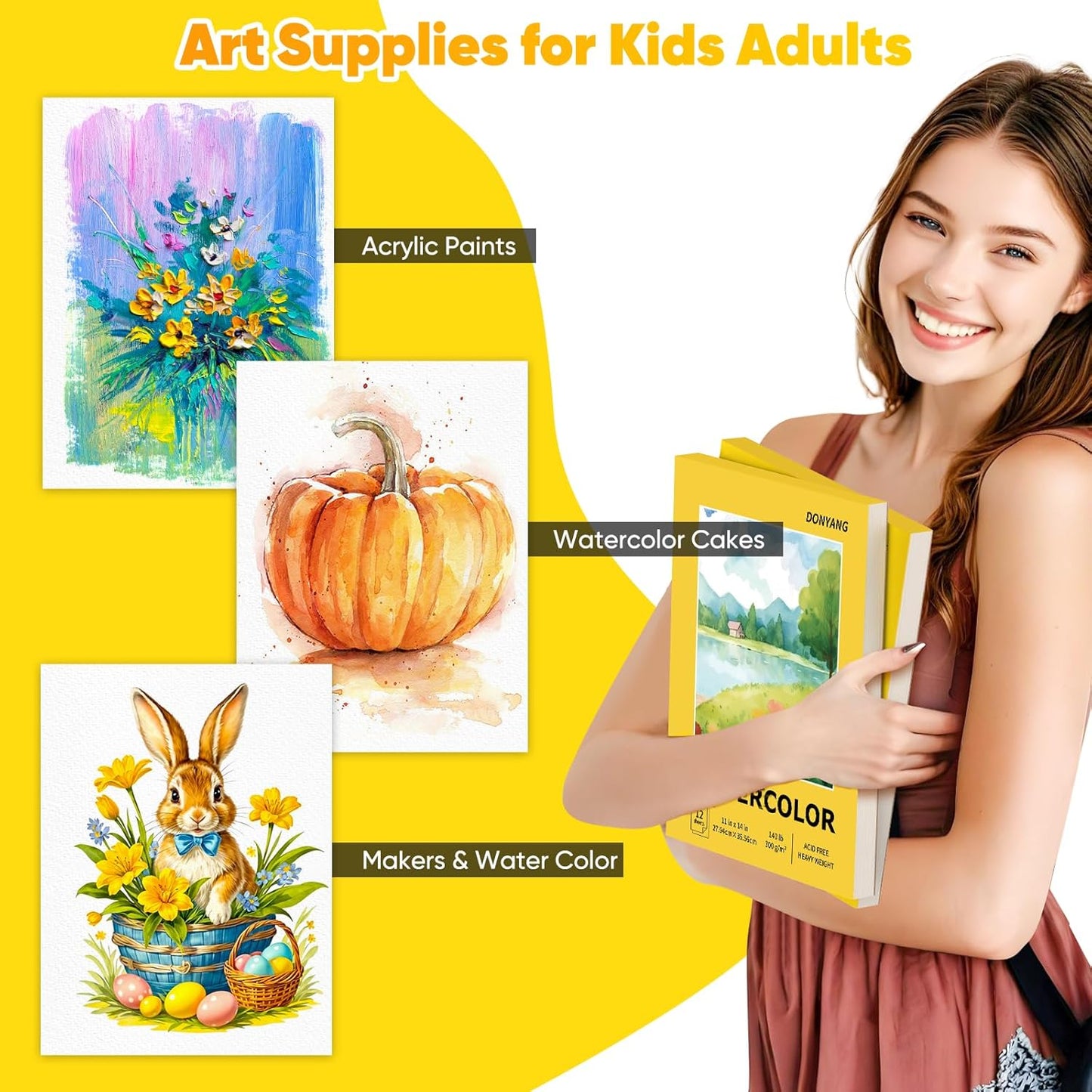 Watercolor Paper Pad, 11"x14" Water Color Paper, 140lb/300gsm Artist Painting Drawing Paper Book, Art Supplies for Adults, Watercolors, Watercolor Paint Set, Sketchbook, Journal, Yellow