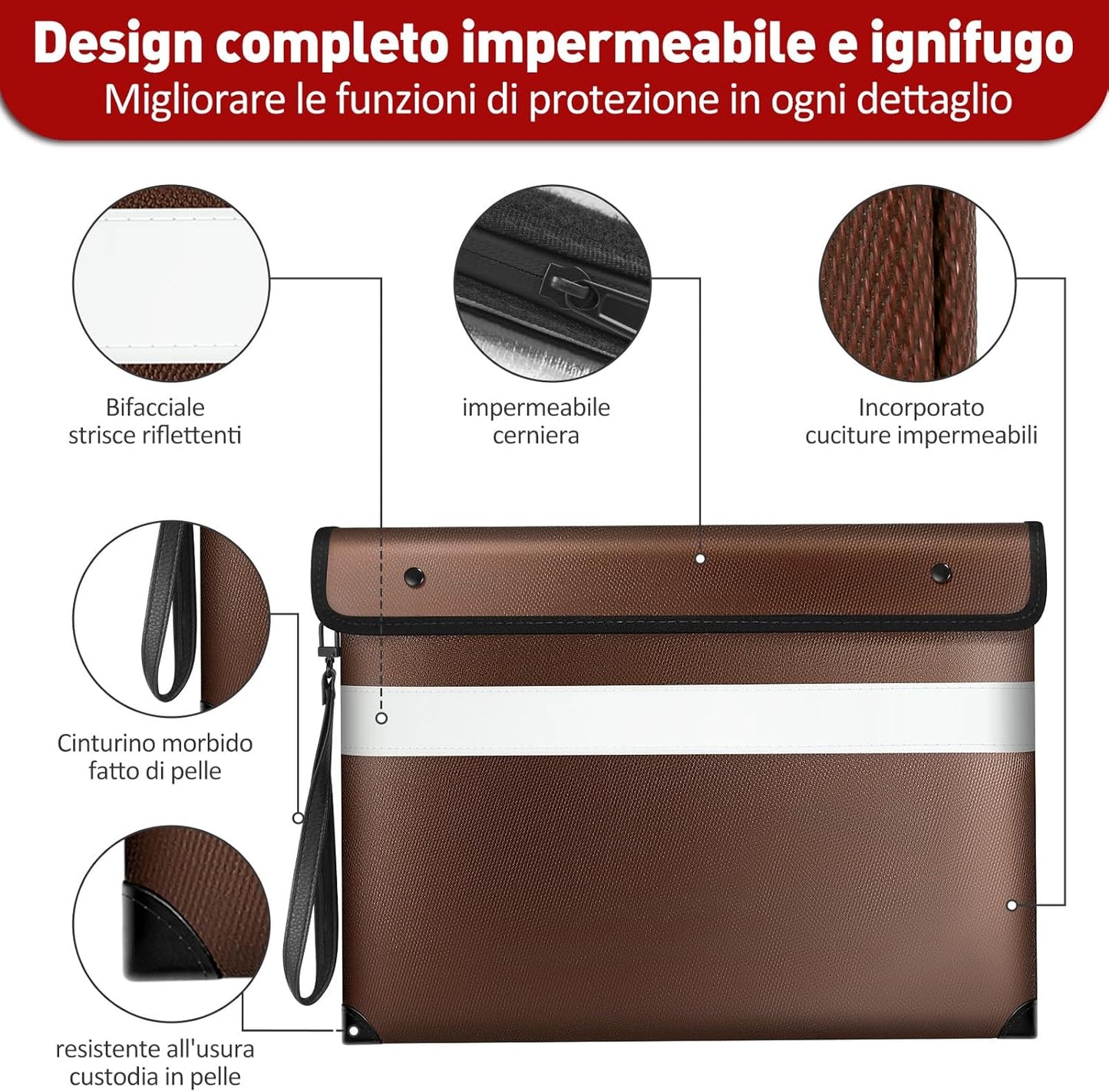 Vailoin 6200°F Heat Insulated Fire proof Money Bag with Soft Leather Hand Strap, FireProof Pouch with Water Resistant Zippe,Fire and Waterproof Envelope for Cash,Valuables,Jewelry(13.9"x10.6"，Brown)