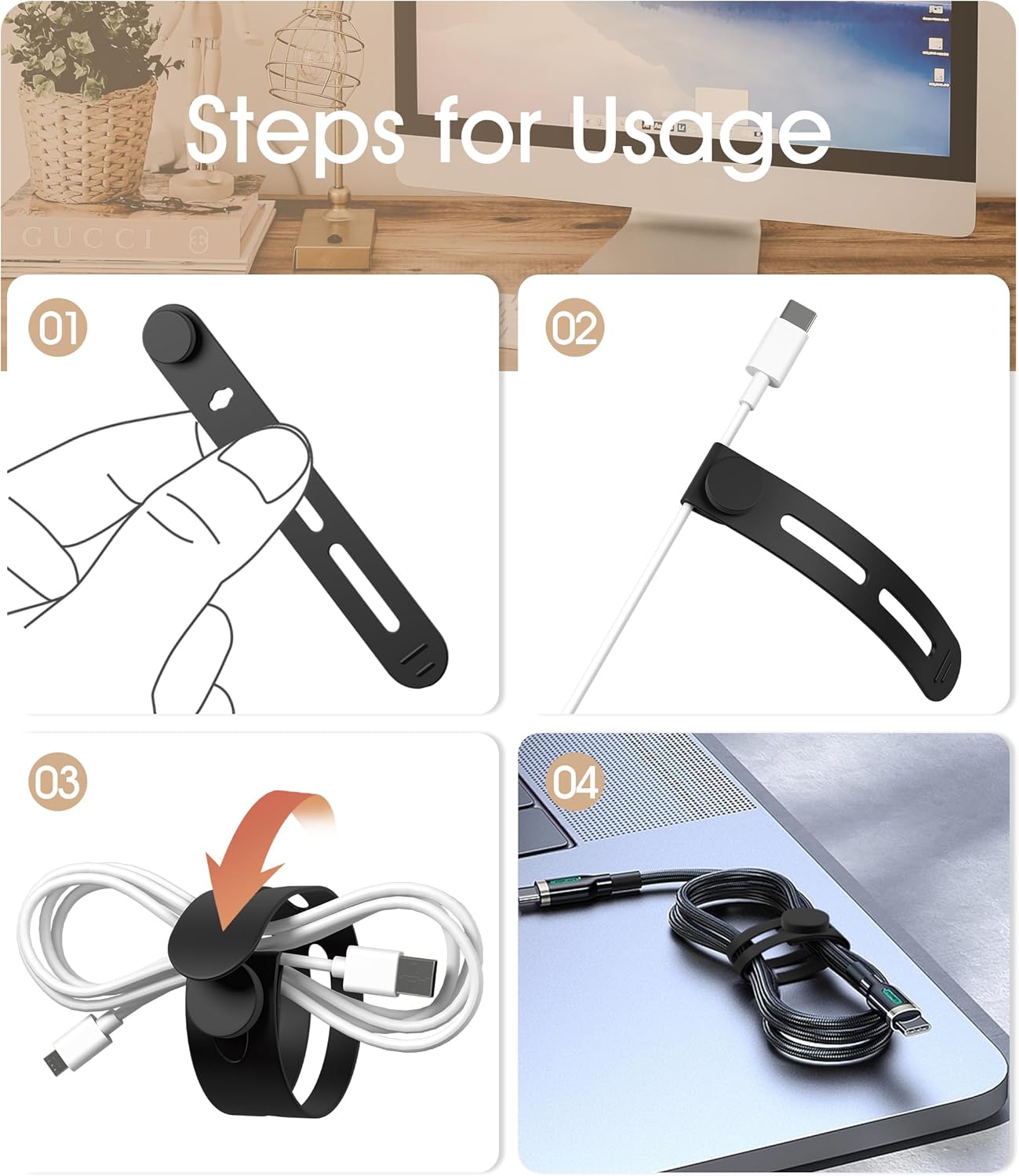 20Pcs Nearockle Reusable Cable Ties, Adjustable Silicone Cord Organizer Small Zip Ties for Charging Cords Earphone Computer Wire, Office Desk Cable Management Travel Accessories(Black)