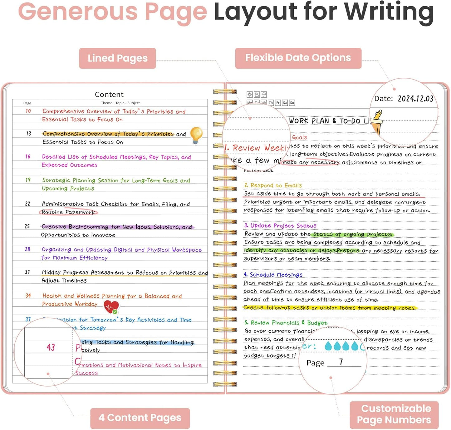 Taja Spiral Lined Notebook, 8.5"x11" Notebooks for Work, Large A4 Journal for Women & Men, College Ruled Journaling Notebook for Writing, Plastic Cover Spiral Journal, Pink