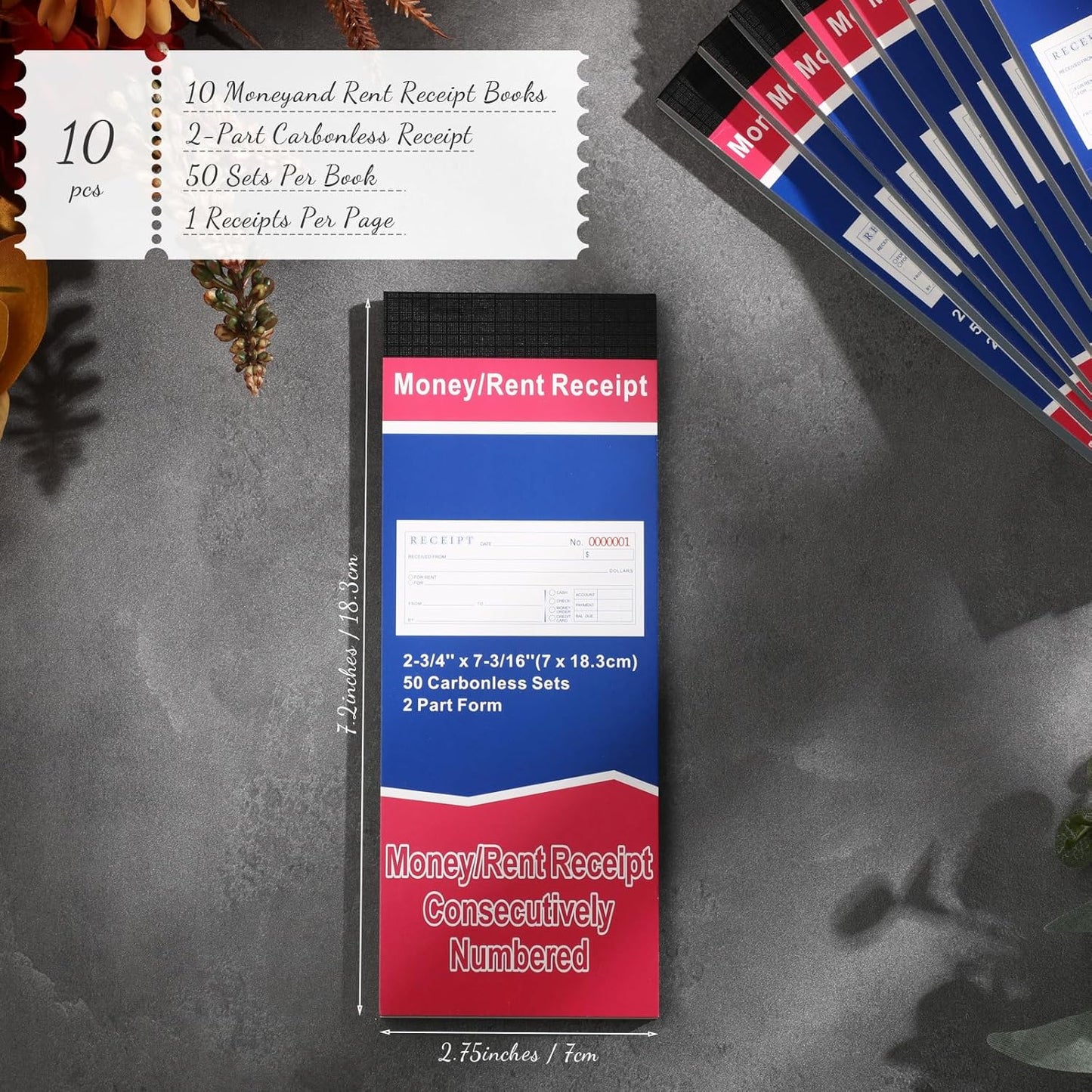 Crtiin 10 Pads Money and Rent Receipt Book 2.75 x 7.2 Inch Bound Cover 2 Part Carbonless Receipt Book with Carbonless Copies Receipt Log Book 50 Sets Per Book