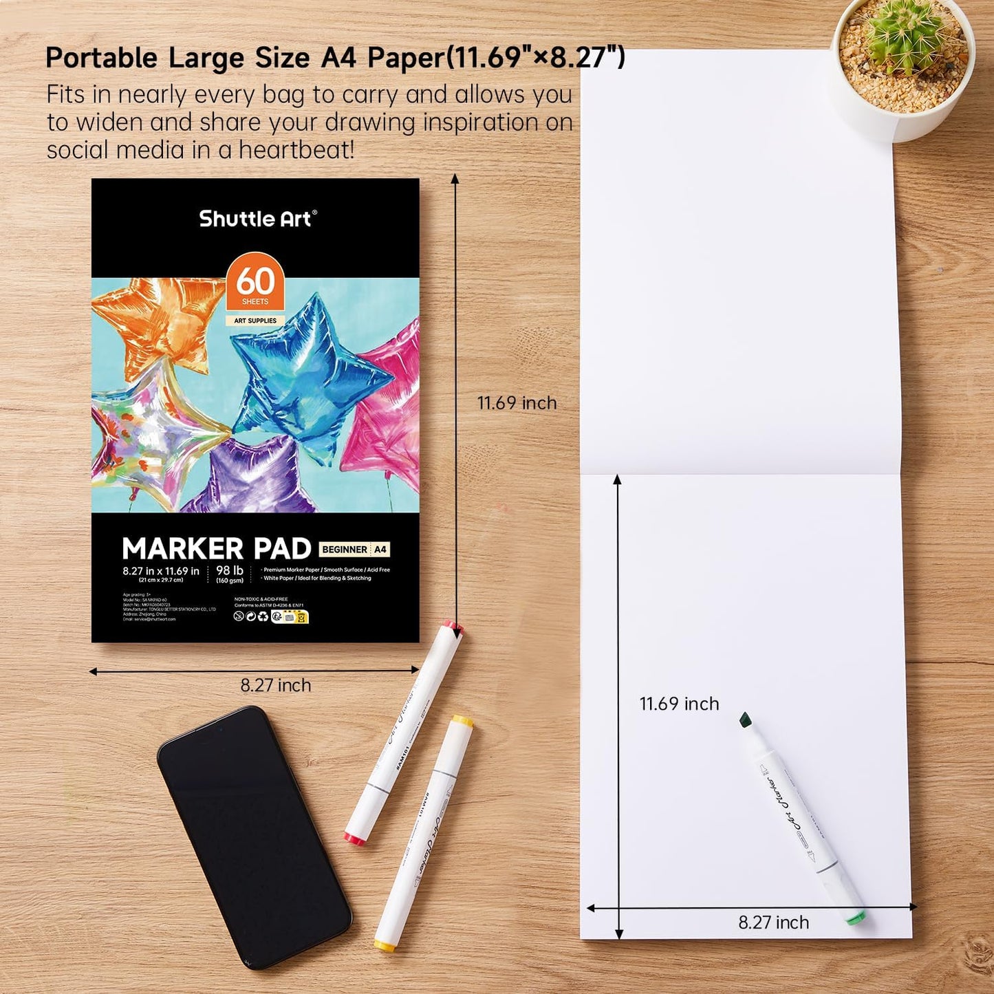 Shuttle Art Marker Pad,11.69”x8.27” Portable A4 Sketchbook, 60 Sheets Drawing Paper, 98LB/160GSM Smooth Surface Bleedproof Art Paper, Glue-Bound, Great for Beginners to Draw, Paint & Sketch
