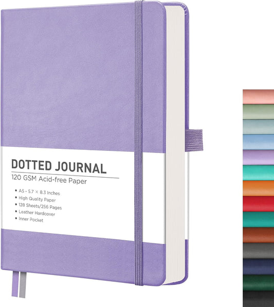 RETTACY Bullet Dotted Journal Notebook, 256 Pages, A5 Medium Size (5.7'' × 8.3''), Leather Hardcover, 120 GSM Thick Paper, for Bullet Journaling, Planning, Tracking (Purple)
