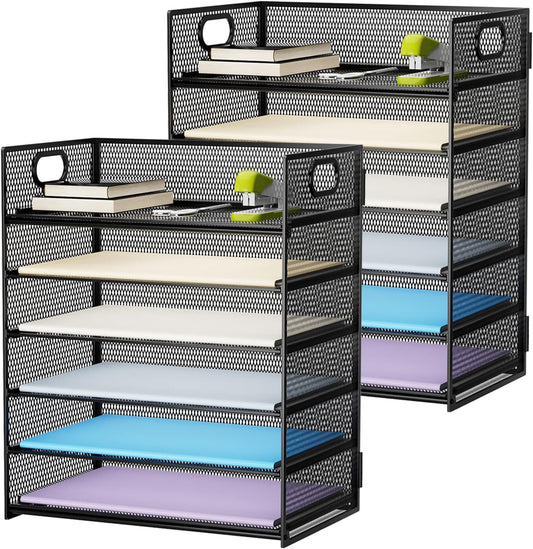 Marbrasse 2 Pack Desk Organizer with Handle, 6 Tier Paper Letter Tray, Mesh Desk File Organizer for Office, School and Home