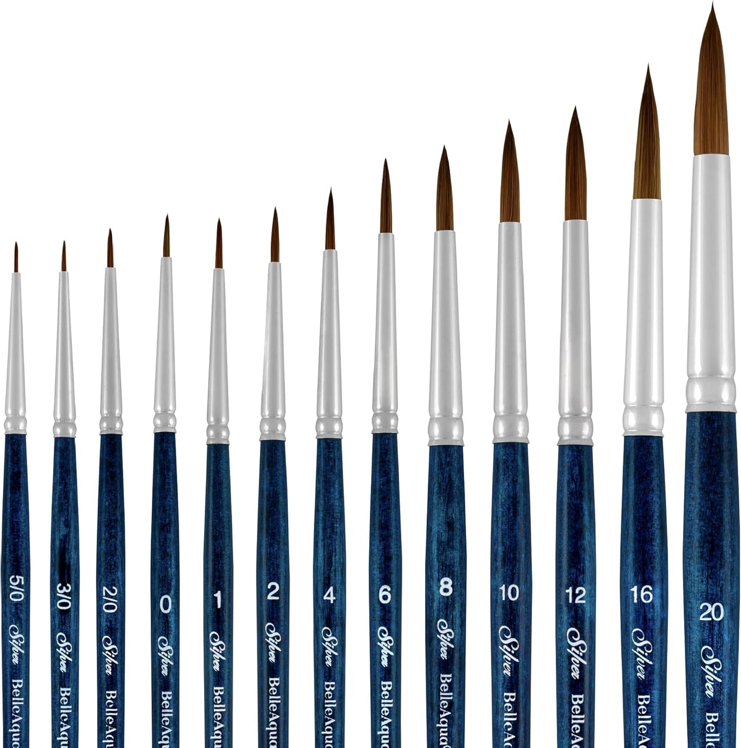 Silver Brush Limited BA-2750S BelleAqua Wet and Wild 13pc Professional Watercolor Brush Set, Soft Synthetic Red Sable Round Paint Brush Set, Sizes 5/0, 3/0, 2/0, 0, 1, 2, 4, 6, 8, 10, 12, 16, & 20