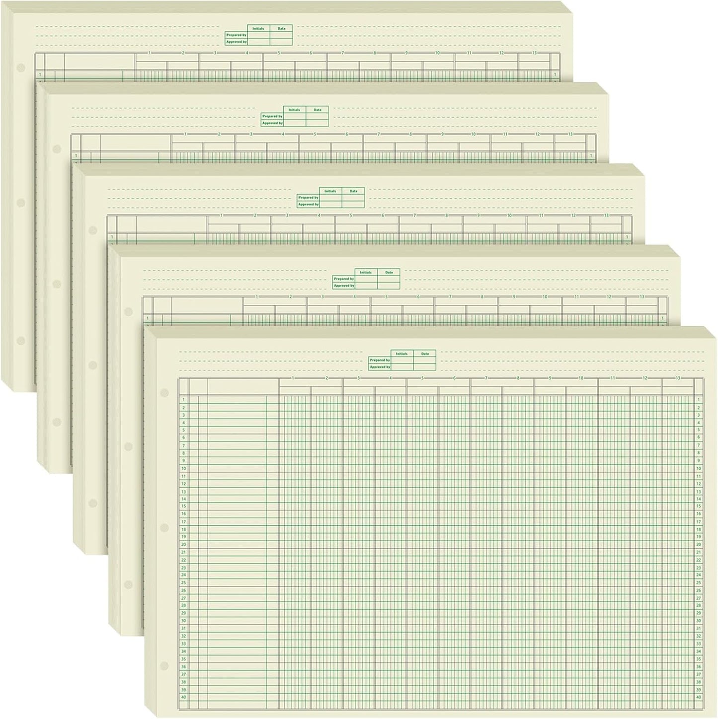 Fulmoon 5 Pack 250 Sheets Ledger Paper Accounting Columnar Pads 3 Hole Analysis Accounting Ledger Book for Business, 50 Sheets/Pack, Single Page Format, Green(16.375 x 11 Inch,13 Columnar)
