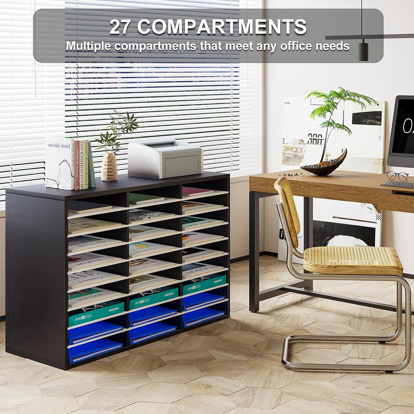 PAG Mail Sorter Organizer, Wood Literature Organizer, Student Mailbox for Classroom, Desktop Bill Paper Organizer for Office Home School, 27 Compartments, Black&White